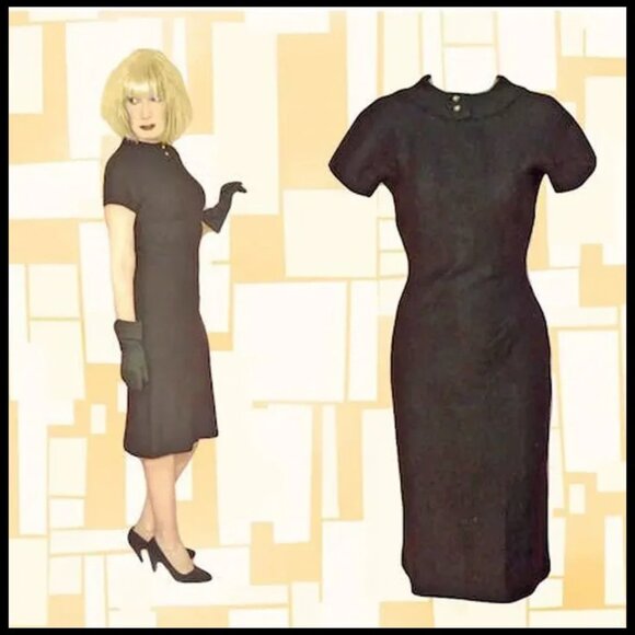 Bodycon Little Black Dress 1950s Vintage LBD, Low Back Interest - Picture 3 of 15